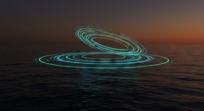 Luminous greenblue rings hover above water with reflections creating a futuristic or abstract scene under a sunset or dusk sky