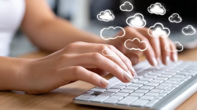 A close-up of hands typing on a keyboard, digital clouds appear above, symbolizing cloud computing and digital communication in modern technology.