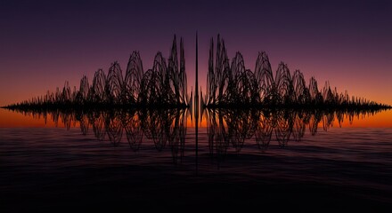 Symmetric black sound wave mirrored on water under a sunset sky