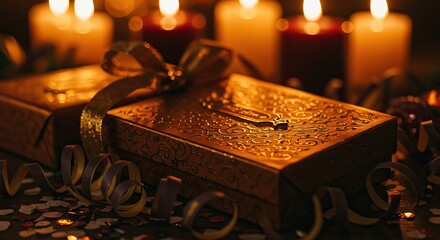 Two golden gift boxes adorned with ribbons surrounded by confetti sit before blurred candles