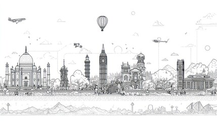 Fototapeta premium Line art showcases global landmarks, hills, plane, balloon, and helicopter on white