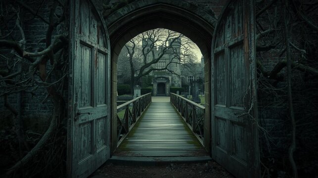 High-resolution photo of a vintage haunted castle with open gates, a wooden bridge leading to a garden featuring a graveyard and leafless trees, perfect for Halloween, fantasy, or gothic designs.