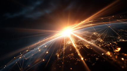 A futuristic digital hub where AI and machine learning integrate into glowing global systems nodes connecting continents with radiant light atmosphere of unity innovation and