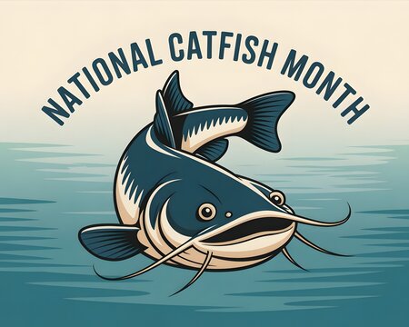 A cheerful vector illustration celebrating National Catfish Month, featuring a catfish swimming in a stylized underwater scene.