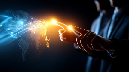 A global AI strategy interface projecting luminous business pathways across continents executives pointing at holographic maps glowing in gold and blue atmosphere of vision