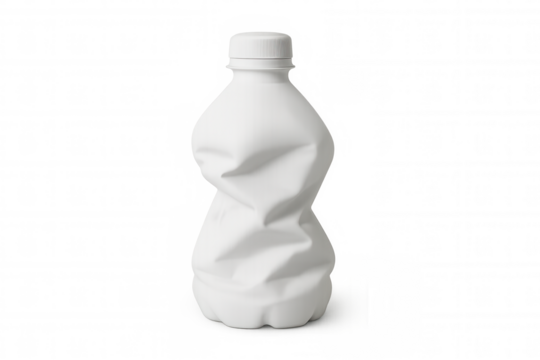 Crushed white plastic bottle on transparent backdrop, symbolizing environmental sustainability and recycling effort