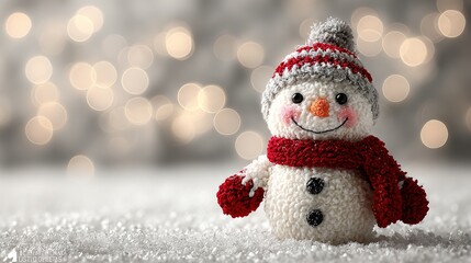 Cute knitted snowman doll with red scarf and wool hat standing on snowy ground against glowing bokeh lights, festive holiday decoration for cheerful commercial use