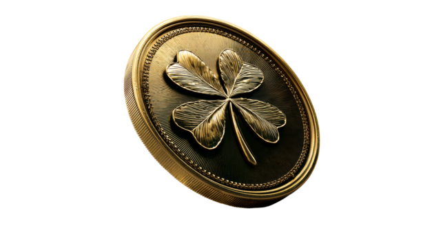 Golden Four-Leaf Clover Coin Symbolizing Good Fortune and Wealth, cut out transparent