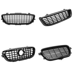 Set of four automotive front grille components in sleek black finish, showcasing intricate mesh design and durable construction, ideal for vehicle customization and replacement parts in automotive ind
