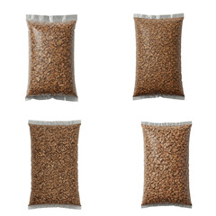 Four transparent plastic bags filled with small brown wood chips, showcasing different angles and perspectives, ideal for packaging, crafting, or decorative purposes in various projects