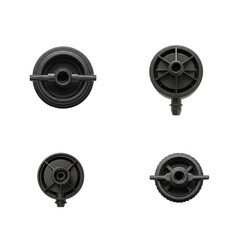 Set of four black plastic connectors displayed from various angles, showcasing intricate designs and functional features, ideal for plumbing, automotive, or industrial applications with copy space