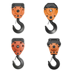 Industrial lifting hooks with orange and black design, showcasing various angles and details, emphasizing strength and durability in heavy machinery applications and construction environments