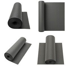 Gray textured yoga mat rolled and laid flat in various positions, showcasing its versatility and design, ideal for fitness enthusiasts and home workout spaces, promoting health and wellness activities