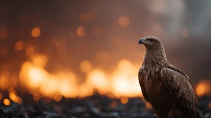 Fototapeta premium Majestic closeup of a golden eagle with piercing gaze against fiery, textured background evoking wild wilderness and strength