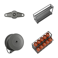 Industrial equipment collection featuring a gear mechanism, metal shelving unit, cable reel, and gas cylinder storage rack, showcasing essential tools for mechanical and construction applications