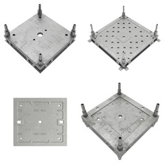 Industrial metal mounting plates with adjustable legs, showcasing various angles and designs, ideal for engineering applications and structural support in construction and manufacturing environments