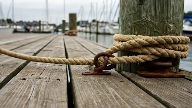 Dockside mooring rope securely fastened to pier post nautical theme