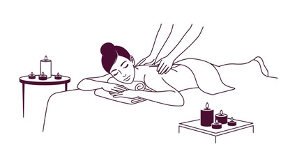Relaxing spa massage therapy session with a woman receiving a back rub from a masseuse in a serene wellness environment