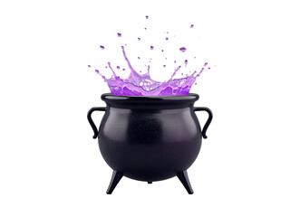 Purple potion splashing out of a black cauldron isolated on transparent background