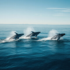 Fototapeta premium Whales Leaping Through The Ocean: Three majestic whales breach the surface of the deep blue ocean, their powerful bodies suspended mid-air against a bright, cloudless sky.