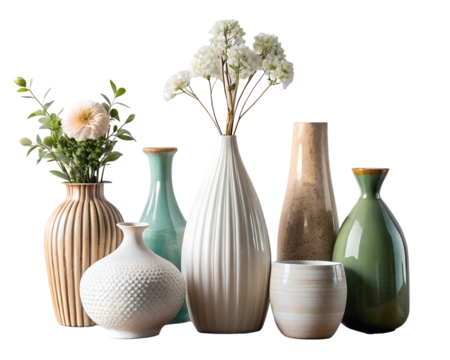 Collection of decorative vases with flowers isolated on transparent background