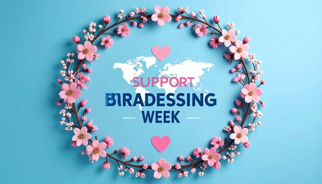 A light-blue background displays a circular floral wreath of delicate pink blossoms. Inside the wreath, a world map and the text "SUPPORT BIRADESSING WEEK" is centered, with pink hearts