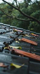 Obraz premium Textured Roof Tiles with Scattered Wet Leaves