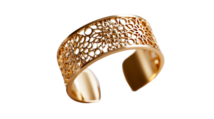 Exquisite Filigree Gold Cuff Bracelet with Intricate Floral Motifs, cut out transparent