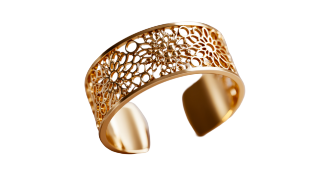 Exquisite Filigree Gold Cuff Bracelet with Intricate Floral Motifs, cut out transparent
