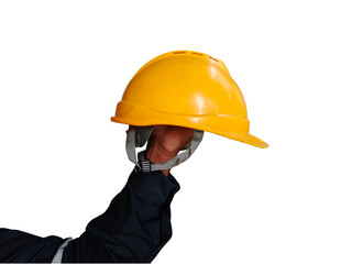 Hand holding a yellow hard hat, symbolizing safety and construction work