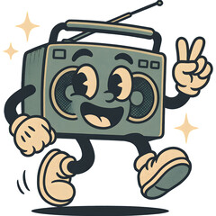 Happy Retro Radio Cartoon Character Walking and Showing a Peace Sign