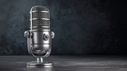 Polished chrome studio microphone on dark textured backdrop, dramatic lighting, professional product shot