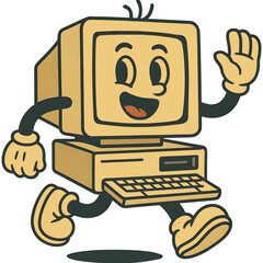 Happy Vintage Computer Character Running in Retro Cartoon Style