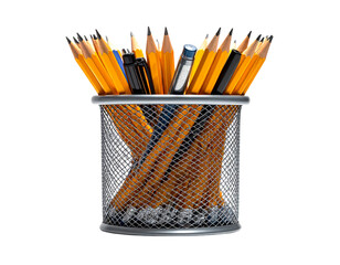 Fantasy Floating Metal Pencil Holder with Glowing School Icons – Surreal PNG