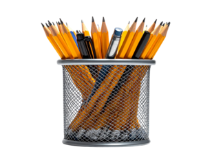 Fantasy Floating Metal Pencil Holder with Glowing School Icons – Surreal PNG