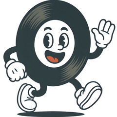 Anthropomorphic Retro Vinyl Record Character Walking With a Joyful Expression