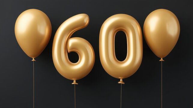 Golden balloons celebrating milestone birthday with number 60 against a dark background, perfect for festive occasions and celebrations in photos.