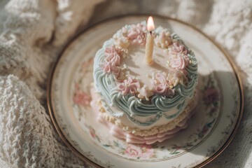 Mini pastel birthday cake with single candle, delicate piping on vintage plate, generated AI