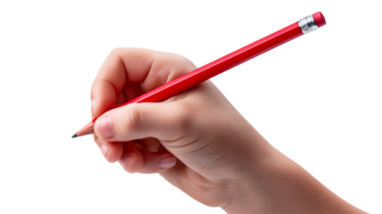 Close-up of a hand holding a red pencil, poised for writing or drawing on a white background, cut out transparent