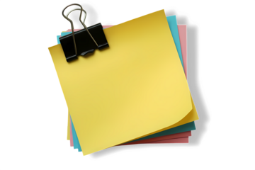A yellow note paper with clip isolated on transparent background.