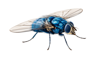 Extreme close-up of a metallic blue housefly with detailed wings and legs, cut out transparent