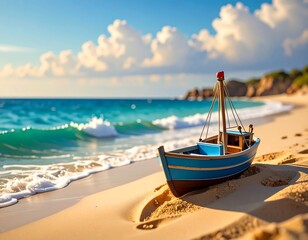 Fototapeta premium Miniature boat on sandy beach at sunrise