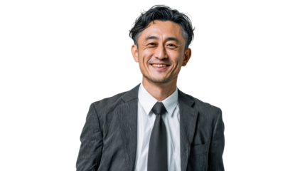 Middle-aged Asian businessman smiling with wrinkles around his eyes, cut out transparent