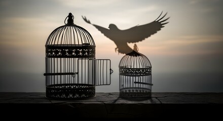 Open birdcage casting shadow of bird taking flight, symbolizing freedom and escape