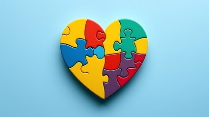 Heart-shaped puzzle on a light blue background, symbolizing autism awareness with soft overhead light.