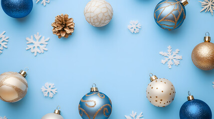 Blue and gold Christmas ornament flat lay with snowflake decoration, pine cone, and festive winter background, joyful holiday mood