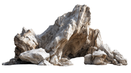 Rugged coastal rock formations with sandy cove against white background, cut out transparent