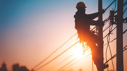 Electrician power pole sunset silhouette safety gear climbing wire maintenance outdoor worker fixing electrical lines