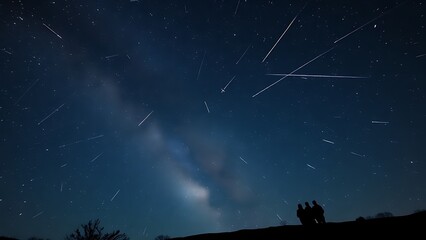 A dreamy night sky where constellations fade into sparkling meteor trails above silhouetted figures.