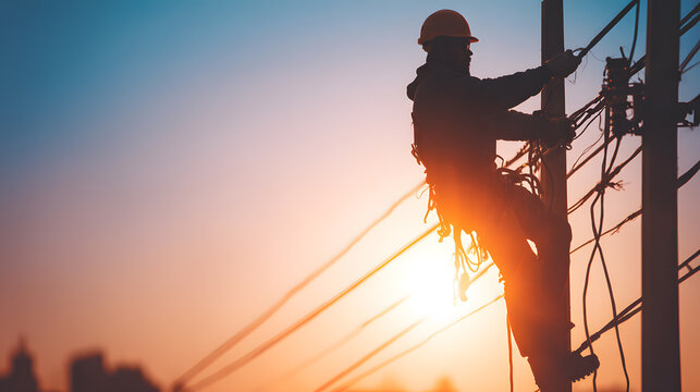 Electrician power pole sunset silhouette safety gear climbing wire maintenance outdoor worker fixing electrical lines